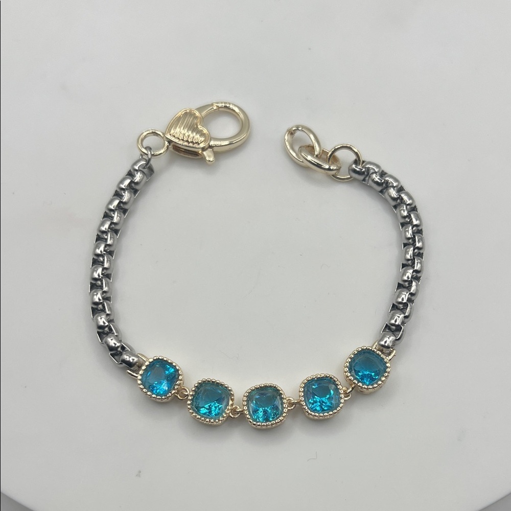 1394. 18k White Gold Plated and 18k Gold Plated Marine Blue Bracelet 7 1/4” - 8”